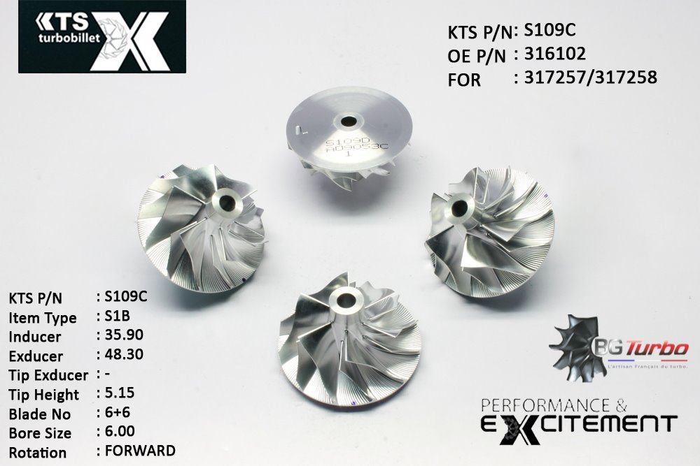 Turbo ROUE FORGÉE MFS PERFORMANCE - 6+6 PALES - INDUCER : 35,9 - EXDUCER : 48,3 - TYPE : S1BANGLE : 60° - ROTATION : Forward - SUPER BACK : 2,6 - BORE SIZE : 6
